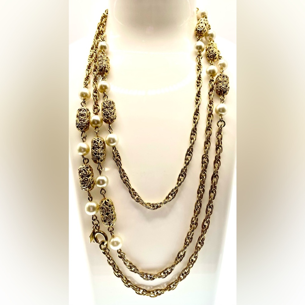 Vintage Signed Sarah Cov Gold Tone Long Chain Filigree and Faux Pearls 52"